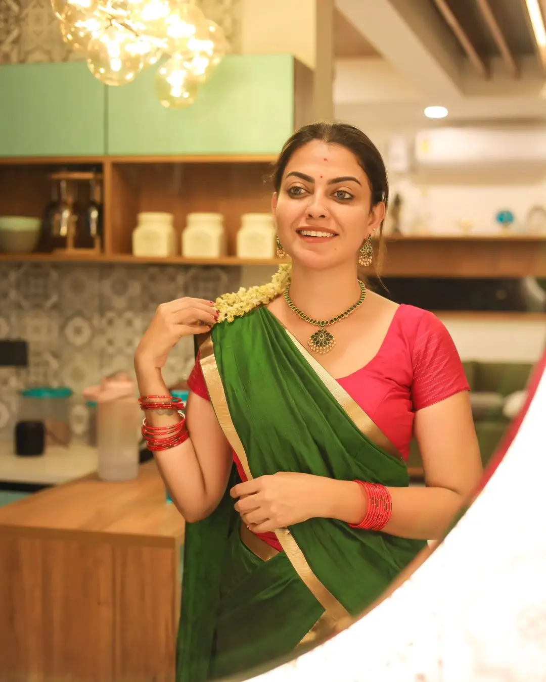 Anusree Nair In South Indian Traditional Green Saree Red Blouse